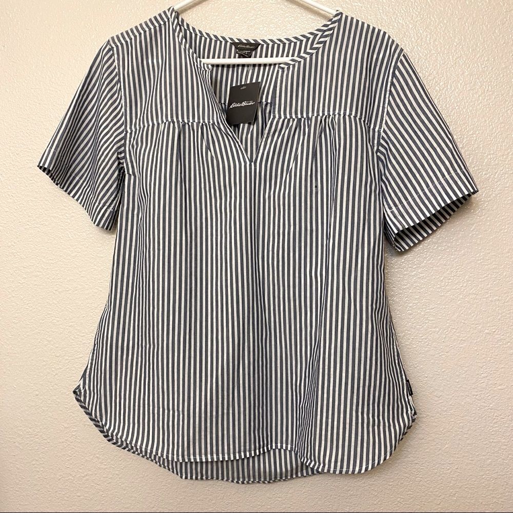 Eddie Bauer Short Sleeve vertical stripe blouse v neck  career coastal beach S